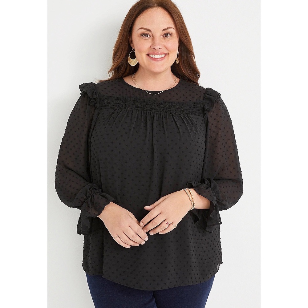 ✨NWT✨ Maurices Clip Dot Ruffle Chiffon Blouse Top - Black - Size 2X